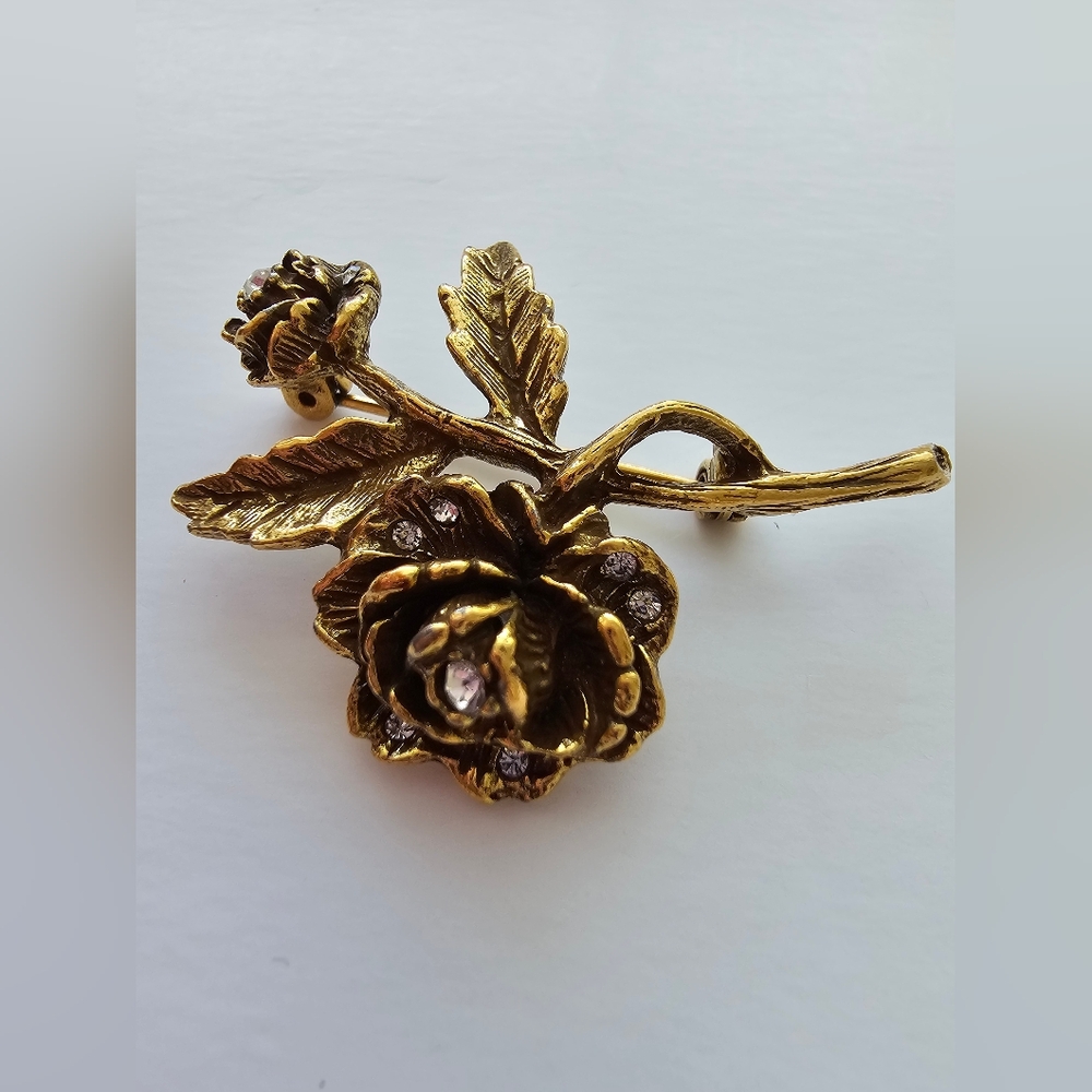 Vintage Signed Goldette Goldece Rose Brooch Victorian Revival Gold Tone Floral